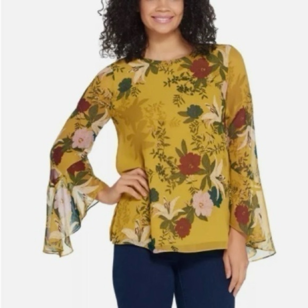 Vince Camuto Long Flutter Sleeve Autumn Botanic Shirt Lemon Curry xs
